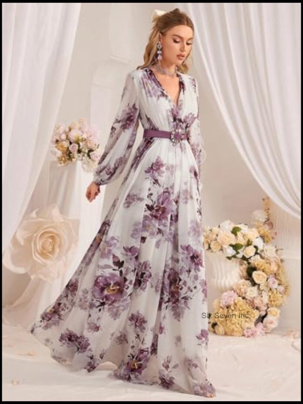 Polyester Maxi Dress Long Sleeve Floral Vintage Boho Casual - Picture 4 of 6